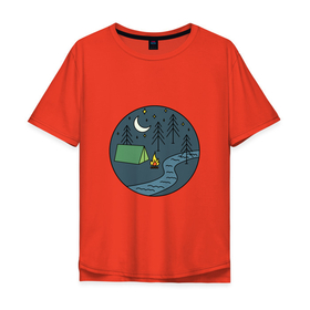 Мужская футболка хлопок Oversize с принтом Палатка ночью в лесу возле реки в Курске, 100% хлопок | свободный крой, круглый ворот, “спинка” длиннее передней части | Тематика изображения на принте: костёр | лес | луна | ночь | палатка | река