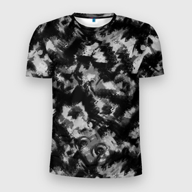 Мужская футболка 3D Slim с принтом Черно белый абстрактный камуфляж в Екатеринбурге, 100% полиэстер с улучшенными характеристиками | приталенный силуэт, круглая горловина, широкие плечи, сужается к линии бедра | Тематика изображения на принте: black and white | camouflage | абстрактный узор | абстрактный черный | пятнистый
