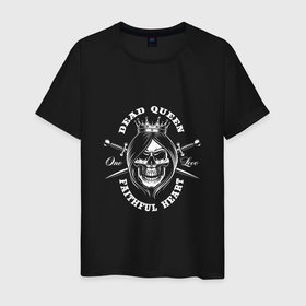 Мужская футболка хлопок с принтом DEAD QUEEN FAITHFUL HEART в Санкт-Петербурге, 100% хлопок | прямой крой, круглый вырез горловины, длина до линии бедер, слегка спущенное плечо. | Тематика изображения на принте: готический | жуткий | кости | магия | мертвый | оккультный | призрак | темный | ужас | хэллоуин | черный | языческий