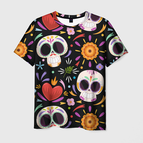 Мужская футболка 3D с принтом Веселые черепа в цветах в Белгороде, 100% полиэфир | прямой крой, круглый вырез горловины, длина до линии бедер | улыбка | цветы | череп | череп в цветах | череп улыбается