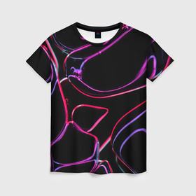 Женская футболка 3D с принтом Неоновые линзы во тьме   Розовый в Новосибирске, 100% полиэфир ( синтетическое хлопкоподобное полотно) | прямой крой, круглый вырез горловины, длина до линии бедер | abstraction | art | colorful | colors | neon | surrealism | абстракция | арт | искусство | линзы | неон | пузыри | разноцветный | сюрреализм | цвета