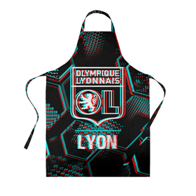 Фартук 3D с принтом Lyon FC в стиле Glitch на темном фоне в Белгороде, 100% полиэстер | общий размер — 65 х 85 см, ширина нагрудника — 26 см, горловина — 53 см, длина завязок — 54 см, общий обхват в поясе — 173 см. Принт на завязках и на горловине наносится с двух сторон, на основной части фартука — только с внешней стороны | club | fc | football | glitch | logo | lyon | lyonnais | olympique | глитч | клуб | краска | краски | лион | лого | мяч | символ | спорт | футбол | футболист | футболисты | футбольный