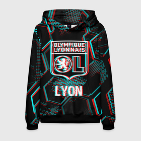 Мужская толстовка 3D с принтом Lyon FC в стиле Glitch на темном фоне в Белгороде, 100% полиэстер | двухслойный капюшон со шнурком для регулировки, мягкие манжеты на рукавах и по низу толстовки, спереди карман-кенгуру с мягким внутренним слоем. | club | fc | football | glitch | logo | lyon | lyonnais | olympique | глитч | клуб | краска | краски | лион | лого | мяч | символ | спорт | футбол | футболист | футболисты | футбольный