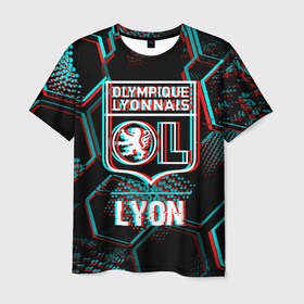 Мужская футболка 3D с принтом Lyon FC в стиле Glitch на темном фоне в Белгороде, 100% полиэфир | прямой крой, круглый вырез горловины, длина до линии бедер | club | fc | football | glitch | logo | lyon | lyonnais | olympique | глитч | клуб | краска | краски | лион | лого | мяч | символ | спорт | футбол | футболист | футболисты | футбольный