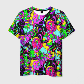 Мужская футболка 3D с принтом Щупальца и слизь в Белгороде, 100% полиэфир | прямой крой, круглый вырез горловины, длина до линии бедер | абстракция | желтый | зеленый | радуга | слизь | фон | черный | щупальца