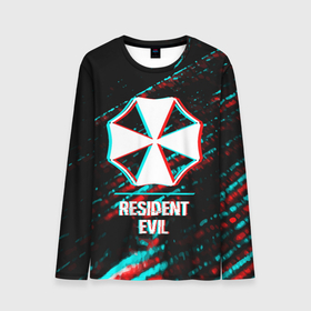 Мужской лонгслив 3D с принтом Resident Evil в стиле Glitch (Баги Графики) на темном фоне в Екатеринбурге, 100% полиэстер | длинные рукава, круглый вырез горловины, полуприлегающий силуэт | evil | glitch | logo | resident | resident evil | umbrella | амбрелла | баги | глитч | игра | игры | краска | лого | логотип | резидент | символ | спрей | эвил