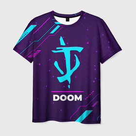 Мужская футболка 3D с принтом Символ Doom в неоновых цветах на темном фоне в Белгороде, 100% полиэфир | прямой крой, круглый вырез горловины, длина до линии бедер | Тематика изображения на принте: doom | logo | neon | дум | игра | игры | лого | логотип | неон | символ