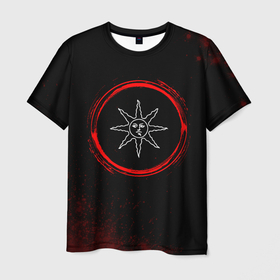 Мужская футболка 3D с принтом Символ Dark Souls и краска вокруг на темном фоне в Санкт-Петербурге, 100% полиэфир | прямой крой, круглый вырез горловины, длина до линии бедер | dark | dark souls | logo | souls | дарк | игра | игры | краска | краски | лого | логотип | символ | соулс