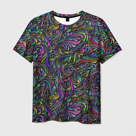 Мужская футболка 3D с принтом Цветные завитки в Кировске, 100% полиэфир | прямой крой, круглый вырез горловины, длина до линии бедер | желтый | завитки | завиток | зеленый | листок | разноцветный | рисунок | серый | узор | черный