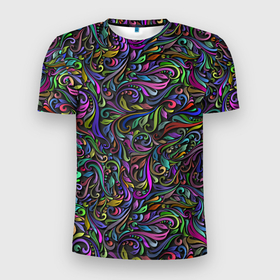 Мужская футболка 3D Slim с принтом Цветные завитки в Белгороде, 100% полиэстер с улучшенными характеристиками | приталенный силуэт, круглая горловина, широкие плечи, сужается к линии бедра | желтый | завитки | завиток | зеленый | листок | разноцветный | рисунок | серый | узор | черный