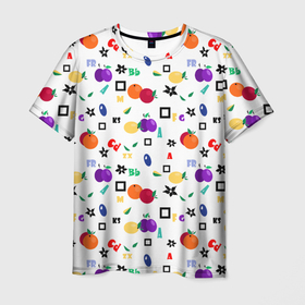 Мужская футболка 3D с принтом Разноцветные фрукты и ягоды на белом фоне в Новосибирске, 100% полиэфир | прямой крой, круглый вырез горловины, длина до линии бедер | alphabet | fruit | summer | детский | разноцветный | ретро | сливы | фрукты | яблоки | ягоды