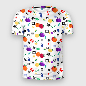 Мужская футболка 3D Slim с принтом Разноцветные фрукты и ягоды на белом фоне в Курске, 100% полиэстер с улучшенными характеристиками | приталенный силуэт, круглая горловина, широкие плечи, сужается к линии бедра | alphabet | fruit | summer | детский | разноцветный | ретро | сливы | фрукты | яблоки | ягоды