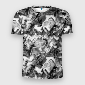 Мужская футболка 3D Slim с принтом Абстрактный в серых тонах фон с головой рыбы в Кировске, 100% полиэстер с улучшенными характеристиками | приталенный силуэт, круглая горловина, широкие плечи, сужается к линии бедра | abstract background | fish | абстрактный узор | для рыбака | камуфляж | рыба | рыбалка | серый | черно белый