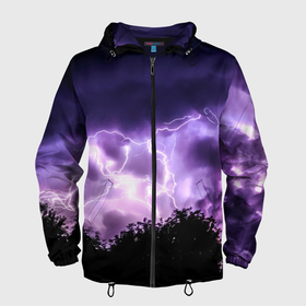 Мужская ветровка 3D с принтом Purple Lightning в Белгороде, 100% полиэстер | подол и капюшон оформлены резинкой с фиксаторами, два кармана без застежек по бокам, один потайной карман на груди | гроза | грозовое небо | грозовые облака | молния | небо | облака | тучи