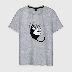Мужская футболка хлопок с принтом Космо кот  и рыбки в Петрозаводске, 100% хлопок | прямой крой, круглый вырез горловины, длина до линии бедер, слегка спущенное плечо. | животные | космонавт | кот | котейка | коты