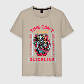 Мужская футболка хлопок с принтом Time cant be played guideline в Новосибирске, 100% хлопок | прямой крой, круглый вырез горловины, длина до линии бедер, слегка спущенное плечо. | Тематика изображения на принте: время | жизнь | скелет | череп