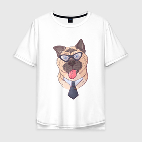 Мужская футболка хлопок Oversize с принтом Бульдог офисный клерк в очках в Санкт-Петербурге, 100% хлопок | свободный крой, круглый ворот, “спинка” длиннее передней части | бульдог | коллега | офис | офисный | пес | собака