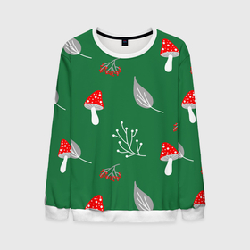Мужской свитшот 3D с принтом Грибочки на зеленом фоне, паттерн в Новосибирске, 100% полиэстер с мягким внутренним слоем | круглый вырез горловины, мягкая резинка на манжетах и поясе, свободная посадка по фигуре | Тематика изображения на принте: berries | berry | cottagecore | forest | gray | mushroom | red | white | белый | бесшовный | ветки | веточки | грибочки | грибы | детский | зелены | красный | лес | лето | листики | листья | милый | минималистичный | мухоморы | осень