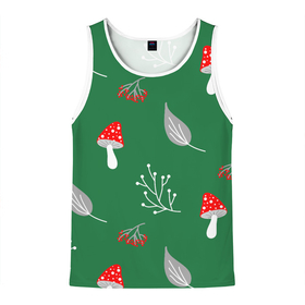 Мужская майка 3D с принтом Грибочки на зеленом фоне, паттерн в Санкт-Петербурге, 100% полиэстер | круглая горловина, приталенный силуэт, длина до линии бедра. Пройма и горловина окантованы тонкой бейкой | berries | berry | cottagecore | forest | gray | mushroom | red | white | белый | бесшовный | ветки | веточки | грибочки | грибы | детский | зелены | красный | лес | лето | листики | листья | милый | минималистичный | мухоморы | осень