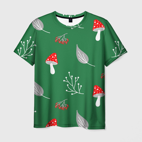 Мужская футболка 3D с принтом Грибочки на зеленом фоне, паттерн в Новосибирске, 100% полиэфир | прямой крой, круглый вырез горловины, длина до линии бедер | berries | berry | cottagecore | forest | gray | mushroom | red | white | белый | бесшовный | ветки | веточки | грибочки | грибы | детский | зелены | красный | лес | лето | листики | листья | милый | минималистичный | мухоморы | осень