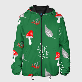 Мужская куртка 3D с принтом Грибочки на зеленом фоне, паттерн в Екатеринбурге, ткань верха — 100% полиэстер, подклад — флис | прямой крой, подол и капюшон оформлены резинкой с фиксаторами, два кармана без застежек по бокам, один большой потайной карман на груди. Карман на груди застегивается на липучку | berries | berry | cottagecore | forest | gray | mushroom | red | white | белый | бесшовный | ветки | веточки | грибочки | грибы | детский | зелены | красный | лес | лето | листики | листья | милый | минималистичный | мухоморы | осень