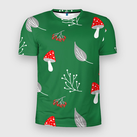 Мужская футболка 3D Slim с принтом Грибочки на зеленом фоне, паттерн в Белгороде, 100% полиэстер с улучшенными характеристиками | приталенный силуэт, круглая горловина, широкие плечи, сужается к линии бедра | Тематика изображения на принте: berries | berry | cottagecore | forest | gray | mushroom | red | white | белый | бесшовный | ветки | веточки | грибочки | грибы | детский | зелены | красный | лес | лето | листики | листья | милый | минималистичный | мухоморы | осень