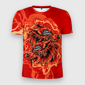 Мужская футболка 3D Slim с принтом Огненные лисы в Курске, 100% полиэстер с улучшенными характеристиками | приталенный силуэт, круглая горловина, широкие плечи, сужается к линии бедра | голова лисы | животное | лиса | огненный | огонь | хищник