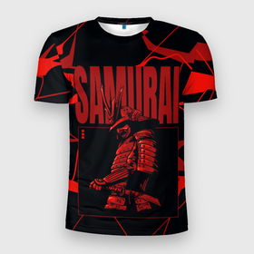 Мужская футболка 3D Slim с принтом Красный самурай с красными разводами в Екатеринбурге, 100% полиэстер с улучшенными характеристиками | приталенный силуэт, круглая горловина, широкие плечи, сужается к линии бедра | samurai | буси | воин | самурай | япония