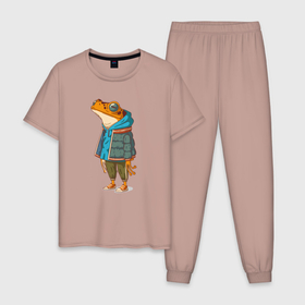 Мужская пижама хлопок с принтом Оранжевая лягуха в Санкт-Петербурге, 100% хлопок | брюки и футболка прямого кроя, без карманов, на брюках мягкая резинка на поясе и по низу штанин
 | амфибия | жаба | животные | лягуха | лягушка | модный