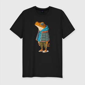 Мужская футболка хлопок Slim с принтом Оранжевая лягуха , 92% хлопок, 8% лайкра | приталенный силуэт, круглый вырез ворота, длина до линии бедра, короткий рукав | амфибия | жаба | животные | лягуха | лягушка | модный