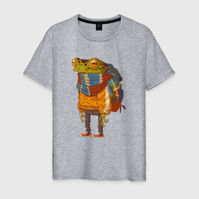 Мужская футболка хлопок с принтом Модный путешественник в Петрозаводске, 100% хлопок | прямой крой, круглый вырез горловины, длина до линии бедер, слегка спущенное плечо. | амфибия | жаба | лягуха | лягушка | путешественник | путешествие