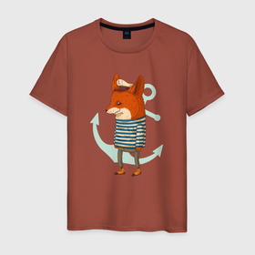Мужская футболка хлопок с принтом Лис моряк с якорем в Тюмени, 100% хлопок | прямой крой, круглый вырез горловины, длина до линии бедер, слегка спущенное плечо. | Тематика изображения на принте: животное | капитан | лис | лиса | морское | моряк | хищник