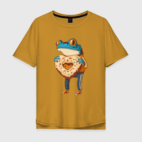 Мужская футболка хлопок Oversize с принтом Пряничная лягушка в Екатеринбурге, 100% хлопок | свободный крой, круглый ворот, “спинка” длиннее передней части | амфибия | жаба | животное | лягуха | лягушка | пряник | сердце