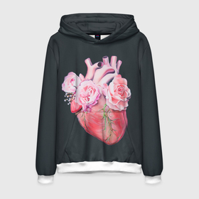 Мужская толстовка 3D с принтом Сердце и Розы в Кировске, 100% полиэстер | двухслойный капюшон со шнурком для регулировки, мягкие манжеты на рукавах и по низу толстовки, спереди карман-кенгуру с мягким внутренним слоем. | Тематика изображения на принте: анатомическое сердце | розовые розы | розы | сердце | цветы