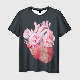 Мужская футболка 3D с принтом Сердце и Розы в Петрозаводске, 100% полиэфир | прямой крой, круглый вырез горловины, длина до линии бедер | анатомическое сердце | розовые розы | розы | сердце | цветы