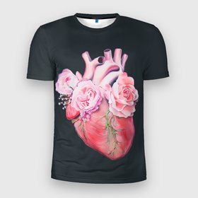 Мужская футболка 3D Slim с принтом Сердце и Розы в Петрозаводске, 100% полиэстер с улучшенными характеристиками | приталенный силуэт, круглая горловина, широкие плечи, сужается к линии бедра | Тематика изображения на принте: анатомическое сердце | розовые розы | розы | сердце | цветы