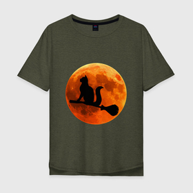 Мужская футболка хлопок Oversize с принтом Halloween Cat в Тюмени, 100% хлопок | свободный крой, круглый ворот, “спинка” длиннее передней части | animals | cat | kitty | ведьма | животные | зверь | китти | космос | кот | котенок | котик | котэ | кошечка | кошка | мяу | небо | хэллоуин