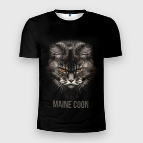 Мужская футболка 3D Slim с принтом Maine coon   кот в Тюмени, 100% полиэстер с улучшенными характеристиками | приталенный силуэт, круглая горловина, широкие плечи, сужается к линии бедра | голова | животное | кот | кошка | мейн кун | надпись | питомец | усы | хищник | шерсть