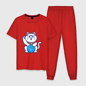 Мужская пижама хлопок с принтом Hello Cat , 100% хлопок | брюки и футболка прямого кроя, без карманов, на брюках мягкая резинка на поясе и по низу штанин
 | animals | cat | kitty | животные | зверь | китти | кот | котенок | котик | котэ | кошечка | кошка | мяу