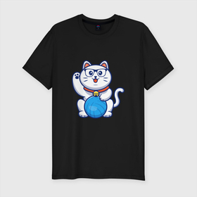 Мужская футболка хлопок Slim с принтом Hello Cat в Рязани, 92% хлопок, 8% лайкра | приталенный силуэт, круглый вырез ворота, длина до линии бедра, короткий рукав | animals | cat | kitty | животные | зверь | китти | кот | котенок | котик | котэ | кошечка | кошка | мяу