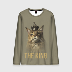 Мужской лонгслив 3D с принтом Король котов Мейн кун в Санкт-Петербурге, 100% полиэстер | длинные рукава, круглый вырез горловины, полуприлегающий силуэт | король | корона | кот | кошка | мейн кун | надпись | питомец | усы | хищник | шерсть