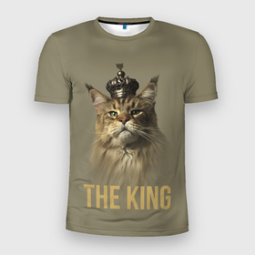 Мужская футболка 3D Slim с принтом Король котов Мейн кун в Курске, 100% полиэстер с улучшенными характеристиками | приталенный силуэт, круглая горловина, широкие плечи, сужается к линии бедра | король | корона | кот | кошка | мейн кун | надпись | питомец | усы | хищник | шерсть