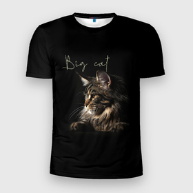 Мужская футболка 3D Slim с принтом Big cat Maine Coon в Тюмени, 100% полиэстер с улучшенными характеристиками | приталенный силуэт, круглая горловина, широкие плечи, сужается к линии бедра | кот | кошка | мейн кун | надпись | питомец | профиль | хищник