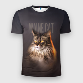 Мужская футболка 3D Slim с принтом Maine cat в Тюмени, 100% полиэстер с улучшенными характеристиками | приталенный силуэт, круглая горловина, широкие плечи, сужается к линии бедра | животное | кот | кошка | мейн кун | надпись | питомец | хищник | шерсть