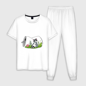 Мужская пижама хлопок с принтом RACCOON IN A JAR , 100% хлопок | брюки и футболка прямого кроя, без карманов, на брюках мягкая резинка на поясе и по низу штанин
 | домик банка | животное | забавный | лист | лужайка | цветок