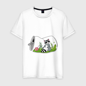 Мужская футболка хлопок с принтом RACCOON IN A JAR в Санкт-Петербурге, 100% хлопок | прямой крой, круглый вырез горловины, длина до линии бедер, слегка спущенное плечо. | домик банка | животное | забавный | лист | лужайка | цветок
