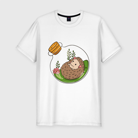 Мужская футболка хлопок Slim с принтом HEDGEHOG IN A FLASK в Новосибирске, 92% хлопок, 8% лайкра | приталенный силуэт, круглый вырез ворота, длина до линии бедра, короткий рукав | flower | house | lawn | домик | ёжик | колба стеклянная | лужайка | цветок