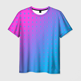 Мужская футболка 3D с принтом Закат и капли, диагональный градиент с сеткой дотс в Курске, 100% полиэфир | прямой крой, круглый вырез горловины, длина до линии бедер | dots | polka dots | абстракция | геометрия | градиент | дотс | закат | круги | минимализм | переход цвета | розовый | точки