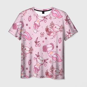 Мужская футболка 3D с принтом Аксолотль саламандра в Курске, 100% полиэфир | прямой крой, круглый вырез горловины, длина до линии бедер | аксолотль | игра | личинка | лунтик | майнкрафт | розовый | саламандра | фон | ящерица