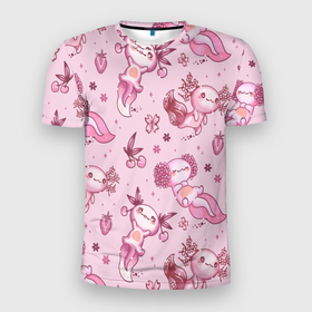 Мужская футболка 3D Slim с принтом Аксолотль саламандра в Новосибирске, 100% полиэстер с улучшенными характеристиками | приталенный силуэт, круглая горловина, широкие плечи, сужается к линии бедра | аксолотль | игра | личинка | лунтик | майнкрафт | розовый | саламандра | фон | ящерица